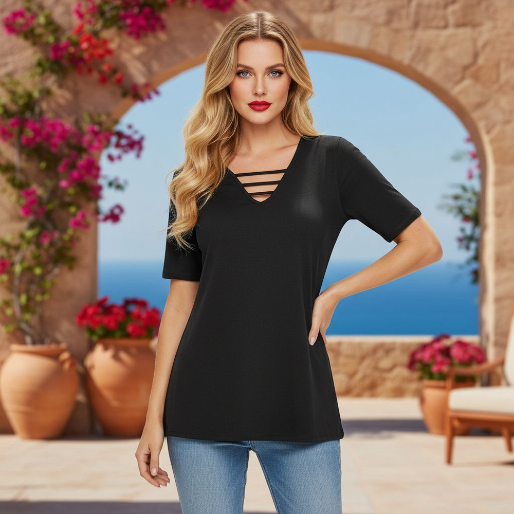 VENUS Medium Black Strappy V-Neck Short Sleeve Top